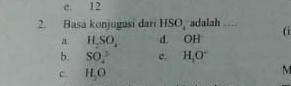 c. 12
2. Basa konjugasi dari HS O adalah (i
a. H_2SO_4 d. OH
b. SO_4^((2-) c. H_1)O^-
c. H_2O
M