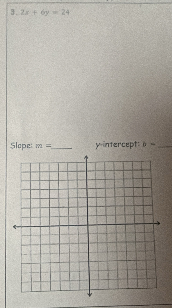 2x+6y=24
Slope: m= _ y-intercept: b= _