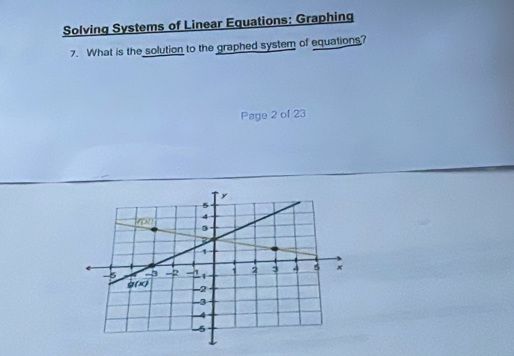 Solving Systems of Linear Equations: Graphing 
7. What is the solution to the graphed system of equations? 
Page 2 of 23