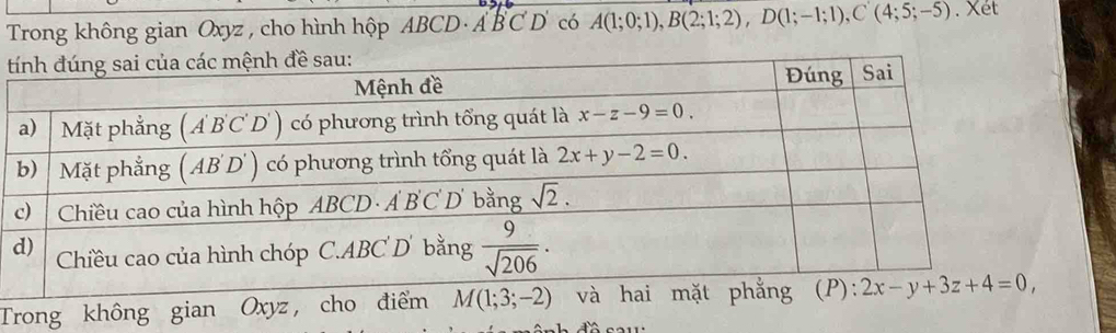 Trong không gian Oxyz , cho hình hộp ABCD · A  B C D có A(1;0;1),B(2;1;2),D(1;-1;1),C'(4;5;-5). Xét
t
Trong k