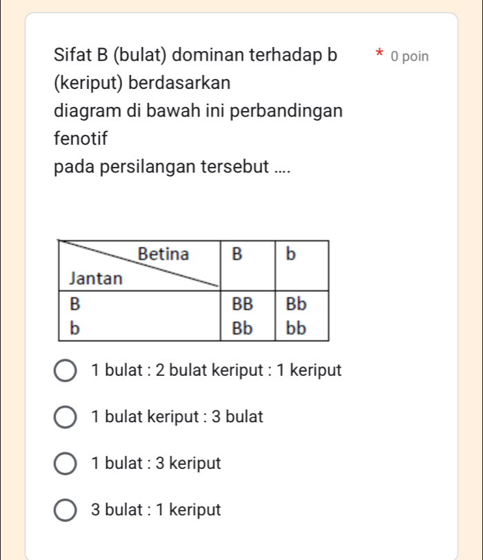 Sifat B (bulat) dominan terhadap b 0 poin
(keriput) berdasarkan
diagram di bawah ini perbandingan
fenotif
pada persilangan tersebut ....
1 bulat : 2 bulat keriput : 1 keriput
1 bulat keriput : 3 bulat
1 bulat : 3 keriput
3 bulat : 1 keriput