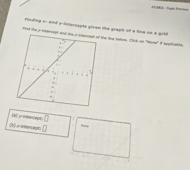 ALEKS - Topic Preview 
Finding x - and y-intercepts given the graph of a line on a grid 
Find the )~intercep the line below, Click on "None" if applicable. 
(a) y-intercept: None 
(b) x-intercept;