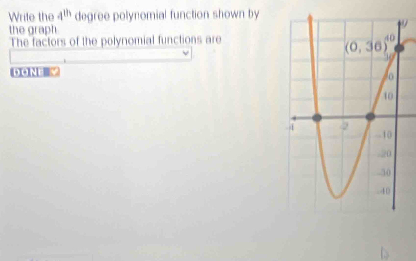 Write the 4^(th) degree polynomial function shown by
the graph
The factors of the polynomial functions are
DONE S