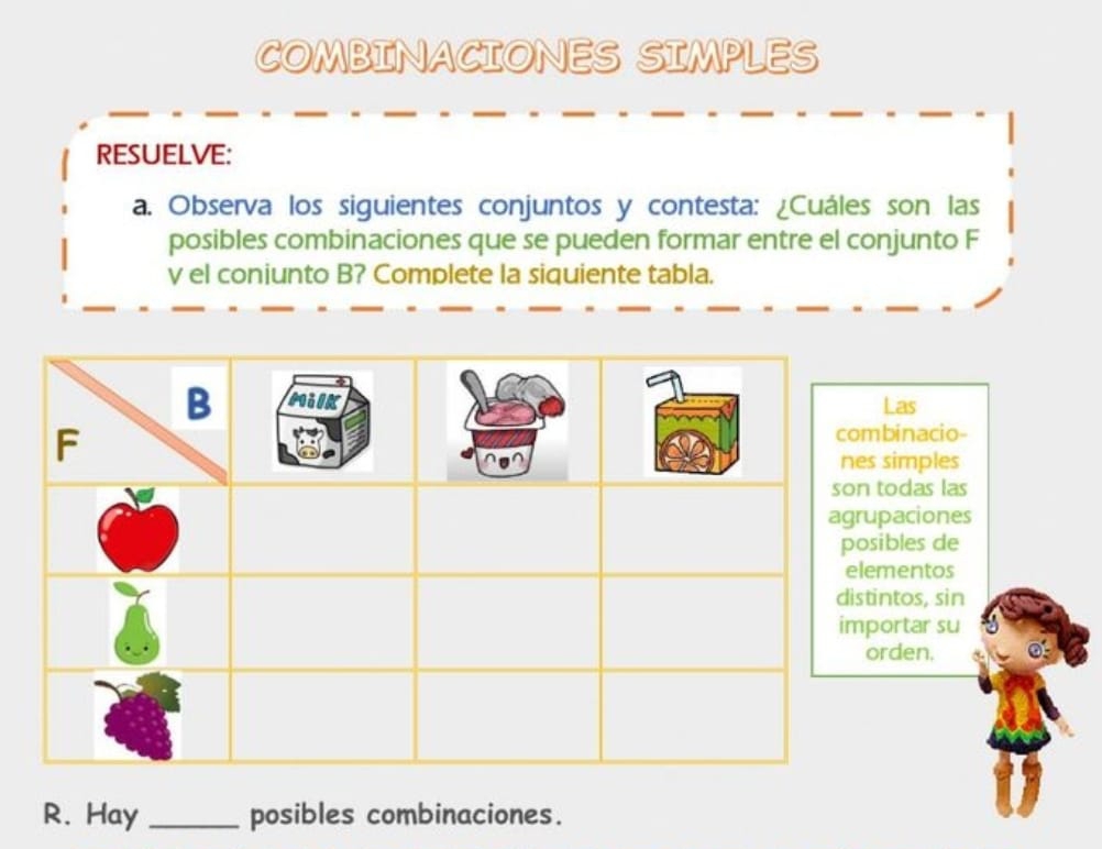 COMBINACIONES SIMPLES 
RESUELVE: 
a. Observa los siguientes conjuntos y contesta: ¿Cuáles son las 
posibles combinaciones que se pueden formar entre el conjunto F 
v el coniunto B? Complete la siquiente tabla. 
Las 
binacio- 
simples 
todas las 
paciones 
ibles de 
mentos 
intos, sin 
ortar su 
rden. 
R. Hay _posibles combinaciones.