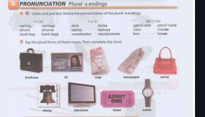 PRONUNCIATION Plural -s endings
A © Listen and practice. Notice the pronunciation of the plural -s endings.
s=|z| (e) s=/1z/
s=/s/
earring earrings desk desks pencil case pencil cases
phone phones laptop laptops class classes
book bag book bags wastebasket wastebaskets box boxes
B Say the plural forms of these nouns. Then complete the chart.