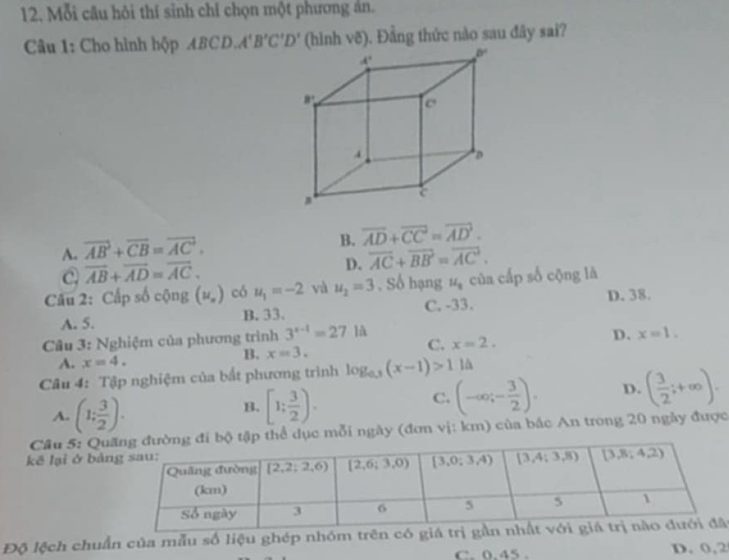 Mỗi câu hôi thí sinh chỉ chọn một phương ản.
Câu 1: Cho hình hộp ABCD.A' B'C'D' (hình vẽ). ). Đẳng thức nào sau đây sai?
4^3
A. overline AB+overline CB=overline AC.
B. overline AD+overline CC=overline AD.
C overline AB+overline AD=overline AC.
D. overline AC+overline BB'=overline AC'.
Câu 2: Cấp số cộng (u_n) có u_1=-2 và u_2=3 , Số hạng u_1 của cấp số cộng là
A. 5. B. 33. C. -33.
D. 38.
Câu 3: Nghiệm của phương trình 3^(x-1)=27 là
C. x=2.
D. x=1.
A. x=4.
B. x=3.
Câu 4: Tập nghiệm của bắt phương trình log _0.3(x-1)>1 là
A. (1; 3/2 ).
B. [1; 3/2 ).
C. (-∈fty ;- 3/2 ).
D. ( 3/2 ;+∈fty ).
Cầu 5: Quhể dục mỗi ngày (đơn vị: km) của bác An trong 20 ngày được
kē lại ở bả
Độ lệch chuẩn của mẫu số liệu ghép nhóm trêâ
C. 0.45 . D. 0,2