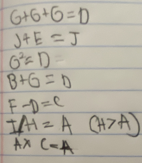 G+G+G=D
J+E=J
0^2=D=
B+G=D
F-D=C
IA=A(A>A)
A* C=4