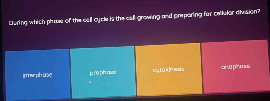 During which phase of the cell cycle is the cell growing and preparing for cellular division?
interphase prophase cytokinesis anaphase