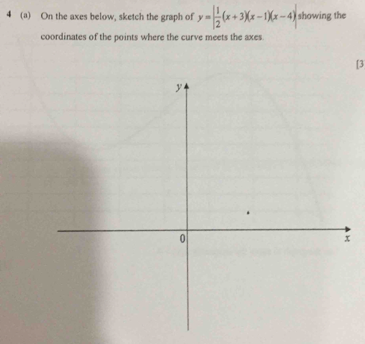 4 (a) On the axes below, sketch the graph of y=| 1/2 (x+3)(x-1)(x-4)| showing the 
coordinates of the points where the curve meets the axes. 
[3