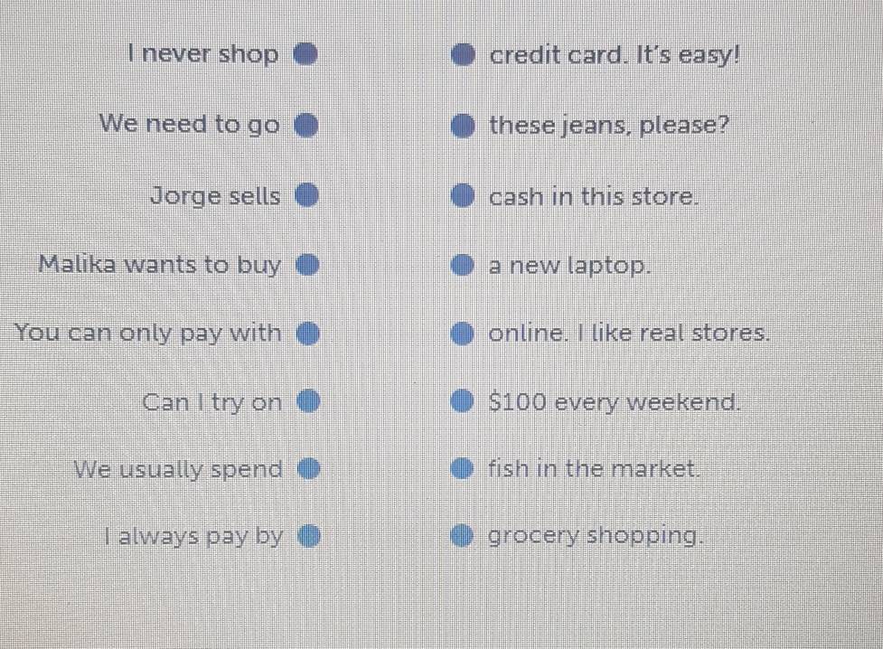 never shop credit card. It's easy! 
We need to go these jeans, please? 
Jorge sells cash in this store. 
Malika wants to buy a new laptop. 
You can only pay with online. I like real stores. 
Can I try on $100 every weekend. 
We usually spend fish in the market. 
I always pay by grocery shopping.