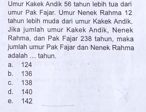 Umur Kakek Andik 56 tahun lebih tua dari
umur Pak Fajar. Umur Nenek Rahma 12
tahun lebih muda dari umur Kakek Andik.
Jika jumlah umur Kakek Andik, Nenek
Rahma, dan Pak Fajar 238 tahun, maka
jumlah umur Pak Fajar dan Nenek Rahma
adalah ... tahun.
a. 124
b. 136
c. 138
d. 140
_
e. 142