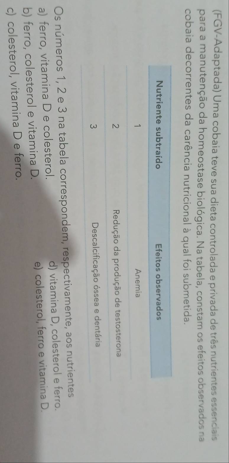 (FGV-Adaptada) Uma cobaia teve sua dieta controlada e privada de três nutrientes essenciais
para a manutenção da homeostase biológica. Na tabela, constam os efeitos observados na
cobaia decorrentes da carência nutricional à qual foi submetida.
Os números 1, 2 e 3 na tabela correspondem, respectivamente, aos nutrientes
a) ferro, vitamina D e colesterol. d) vitamina D, colesterol e ferro.
b) ferro, colesterol e vitamina D. e) colesterol, ferro e vitamina D.
c) colesterol, vitamina D e ferro.