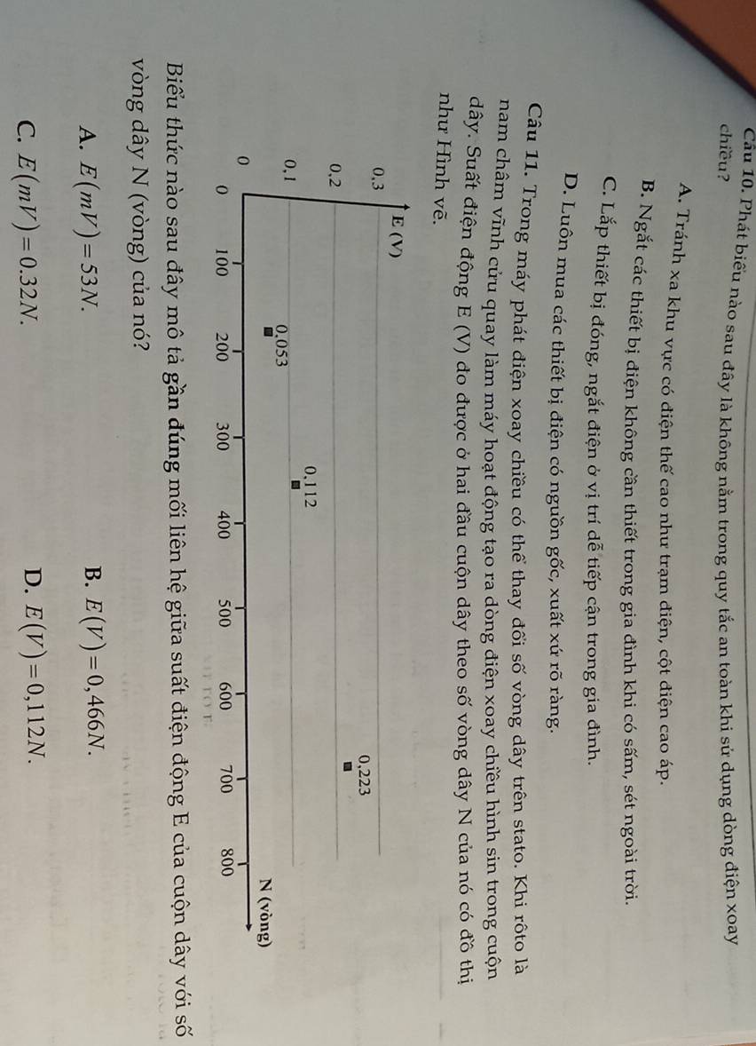 Phát biểu nào sau đầy là không nằm trong quy tắc an toàn khi sử dụng dòng điện xoay
chiều?
A. Tránh xa khu vực có điện thế cao như trạm điện, cột điện cao áp.
B. Ngắt các thiết bị điện không cần thiết trong gia đình khi có sấm, sét ngoài trời.
C. Lắp thiết bị đóng, ngắt điện ở vị trí dễ tiếp cận trong gia đình.
D. Luôn mua các thiết bị điện có nguồn gốc, xuất xứ rõ ràng.
Câu 11. Trong máy phát điện xoay chiều có thể thay đối số vòng dây trên stato. Khi rôto là
nam châm vĩnh cửu quay làm máy hoạt động tạo ra dòng điện xoay chiều hình sin trong cuộn
dây. Suất điện động E (V) do được ở hai đầu cuộn dây theo số vòng dây N của nó có đồ thị
như Hình vẽ.
E (V)
0.3
0,223
0,2
0,112
0,1 0.053
N (vòng)
0
0 100 200 300 400 500 600 700 800
Biểu thức nào sau đây mô tả gần đúng mối liên hệ giữa suất điện động E của cuộn dây với số
vòng dây N (vòng) của nó?
B.
A. E(mV)=53N. E(V)=0,466N.
D.
C. E(mV)=0.32N. E(V)=0,112N.