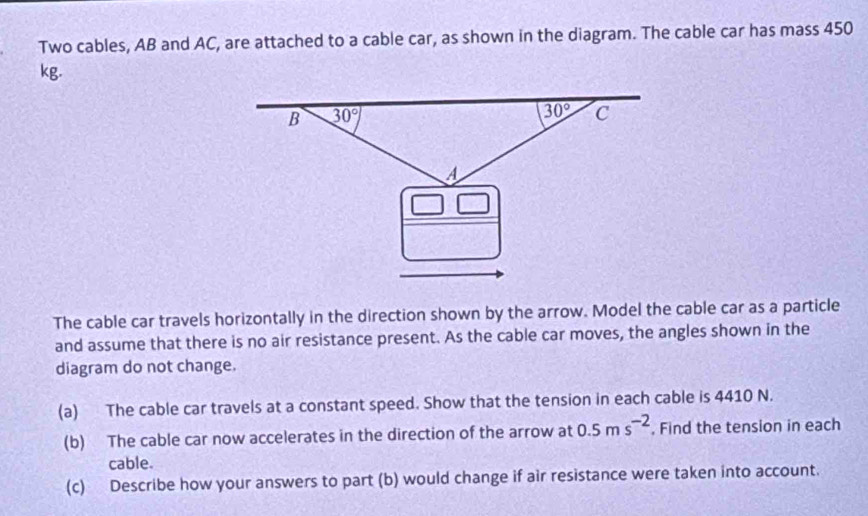 Solved: Two cables, AB and AC, are attached to a cable car, as shown in ...