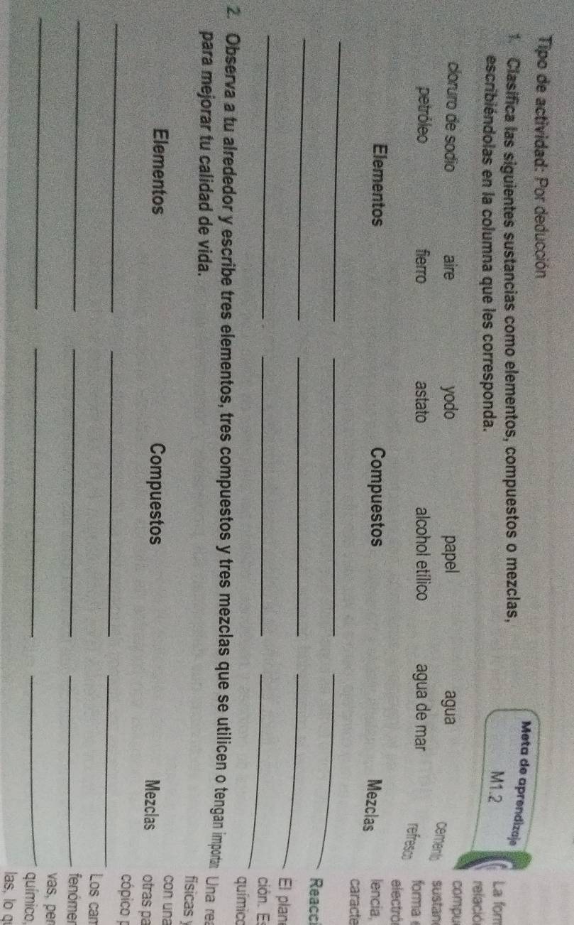 Tipo de actividad: Por deducción
Meta de aprendizaje
1 Clasifica las siguientes sustancias como elementos, compuestos o mezclas, La for
M1.2
escribiéndolas en la columna que les corresponda. relació
cloruro de sodio aire yodo papel agua
compu
cemento sustan
petróleo fierro astato alcohol etílico agua de mar forma
refresco
electrói
Elementos Compuestos lencia,
Mezclas
_
_
caracte
_
_
__
Reacc
_
_
El plan
_ción. E:
químico
2. Observa a tu alrededor y escribe tres elementos, tres compuestos y tres mezclas que se utilicen o tengan importa Una re
para mejorar tu calidad de vida.
físicas y
con una
Elementos Compuestos Mezclas otras pa
_
_
_
cópico p
_
_
Los cam
_fenómer
_
_
_
vas, per
químico,
las, lo q