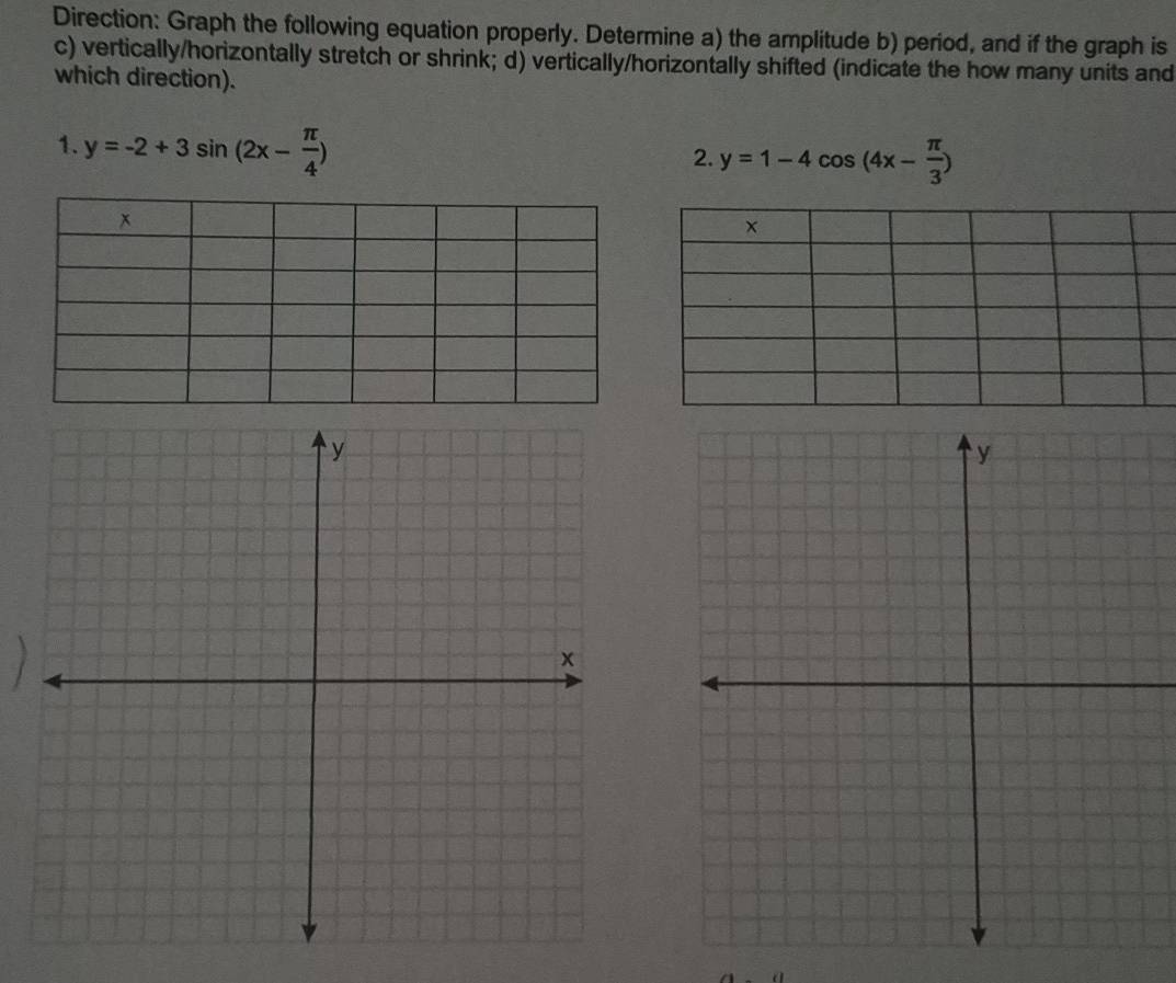 Direction: Graph the following equation properly. Determine a) the amplitude b) period, and if the graph is
c) vertically/horizontally stretch or shrink; d) vertically/horizontally shifted (indicate the how many units and
which direction).
1. y=-2+3sin (2x- π /4 )
2. y=1-4cos (4x- π /3 )