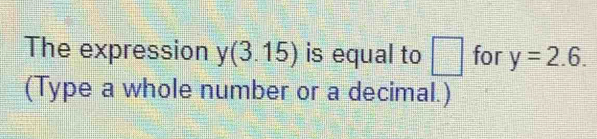 The expression y(3.15) is equal to □ for y=2.6. 
(Type a whole number or a decimal.)