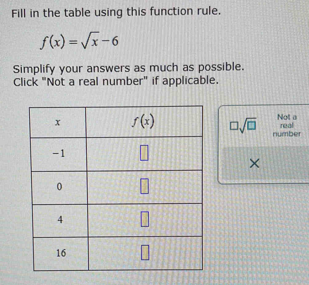 Fill in the table using this function rule.
f(x)=sqrt(x)-6
Simplify your answers as much as possible.
Click "Not a real number" if applicable.
Not a
□ sqrt(□ ) real
number
×