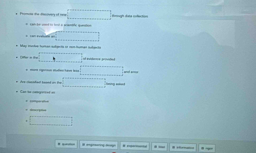 Promote the discovery of new □ through data collection 
。 can be used to test a scientific question 
o can evaluate an 
May involve human subjects or non-human subjects 
Differ in the . of evidence provided 
o more rigorous studies have less and error 
frac □ □  
Are classified based on the being asked 
Can be calisgorized as 
comparative 
descriptive 
。 x_1+x_2=frac 81)^2
# question 11 engineering design # experimental B boad B informatios a ngov