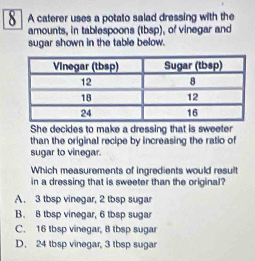 A caterer uses a potato salad dressing with the
amounts, in tablespoons (tbsp), of vinegar and
sugar shown in the table below.
She decides to make a dressing that is sweeter
than the original recipe by increasing the ratio of
sugar to vinegar.
Which measurements of ingredients would result
in a dressing that is sweeter than the original?
A. 3 tbsp vinegar, 2 tbsp sugar
B. 8 tbsp vinegar, 6 tbsp sugar
C. 16 tbsp vinegar, 8 tbsp sugar
D. 24 tbsp vinegar, 3 tbsp sugar