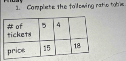 Phday 
1. Complete the following ratio table.