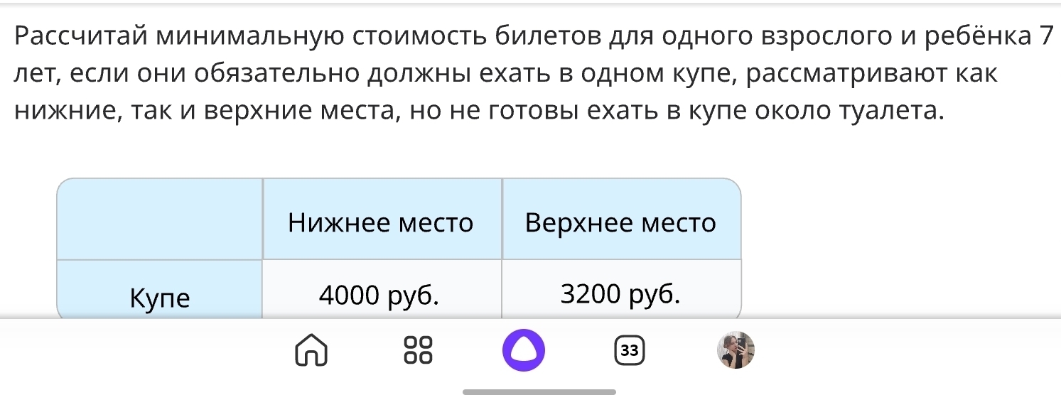 Ρассчиτай минимальную стоимость билетов для одного взрослого и ребенка 7 
летΡ если они обязательно должны ехать в одном куπе, рассматривают как 
нижние, так и Βерхние места, но не готовыι ехать в куле около туалета. 
33