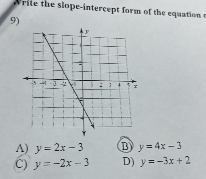 rite the slope-intercept form of the equation o
9)
A) y=2x-3 B y=4x-3
C) y=-2x-3 D) y=-3x+2