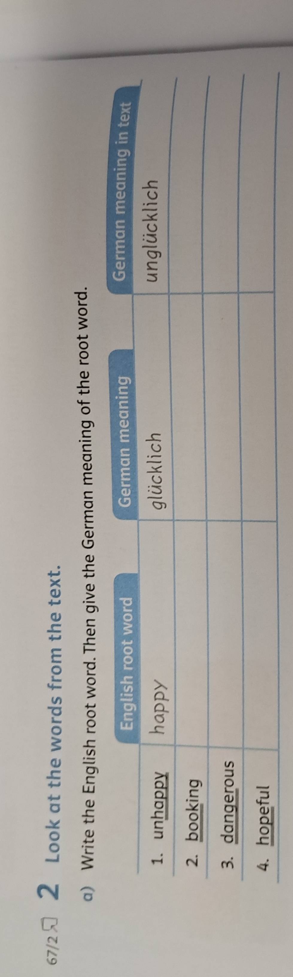 67/2 2 Look at the words from the text. 
a) Write the English root word. Then give the German meaning of the root word.