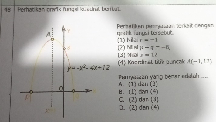 Perhatikan grafik fungsi kuadrat berikut.
Perhatikan pernyataan terkait dengan
grafik fungsi tersebut,
(1) Nilai r=-1
(2) Nilai p-q=-8.
(3) Nilai s=12
(4) Koordinat titik puncak A(-1,17)
Pernyataan yang benar adalah ....
A. (1) dan (3)
B. (1) dan (4)
C. (2) dan (3)
D. (2) dan (4)