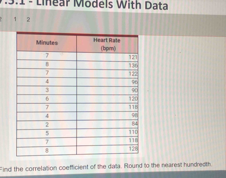 3:1 - Linear Models With Data 
1 2 
Find the correlation coefficient of the data. Round to the nearest hundredth.