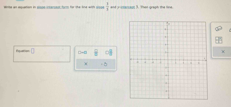 Write an equation in slope-intercept form for the line with slope  3/5  and y-intercept 3. Then graph the line. 
Equation: □
□ =□  □ /□    □ /□  
× 
× 5