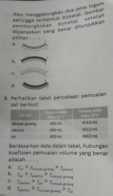 Riko menggabungkan dua jenis logam
sehingga terbentuk bimetal. Gambar
pembengkokan bimetal setelah
dipanaskan yang benar ditunjukkan
pilihan . . . .
a
b
C.
D
B
d.
A
8. Perhatikan tabel percobaan pemuaian
zat berikut!
Berdasarkan data dalam tabel, hubungan
koefisien pemuaian volume yang benar
adalah . . . .
a. gamma _air>gamma _minyakgoreng>gamma _alkohol
b. gamma _air>gamma _alkohol>gamma _minyak goreng
C. gamma _alkohol>gamma _air>gamma _l minyak goreng
d. gamma _alkohol>gamma _minyakgoreng>gamma _air