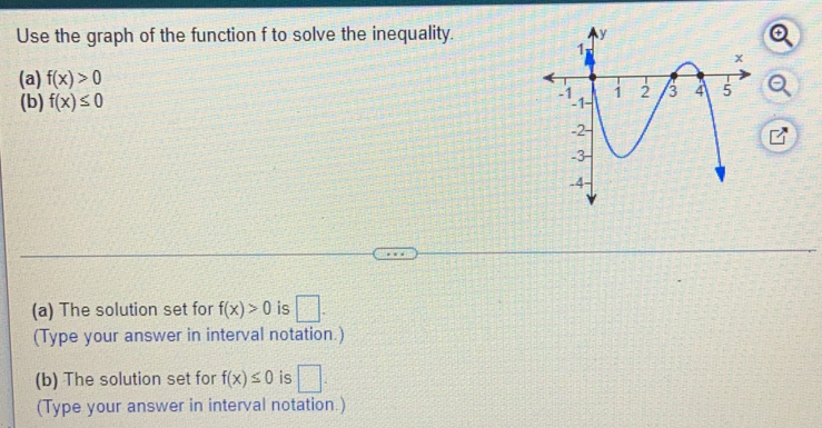 Use the graph of the function f to solve the inequality. 
(a) f(x)>0
(b) f(x)≤ 0
(a) The solution set for f(x)>0 is □. 
(Type your answer in interval notation.) 
(b) The solution set for f(x)≤ 0 is □. 
(Type your answer in interval notation.)