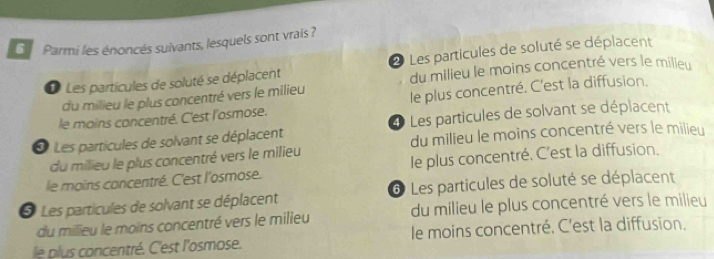 Parmi les énoncés suivants, lesquels sont vrais ?
Les particules de soluté se déplacent 2 Les particules de soluté se déplacent
du milieu le plus concentré vers le milieu du milieu le moins concentré vers le milleu
le moins concentré. C'est l'osmose. le plus concentré. C'est la diffusion.
O Les particules de solvant se déplacent 3 Les particules de solvant se déplacent
du milieu le plus concentré vers le milieu du milieu le moins concentré vers le milieu
le mains concentré. C'est l'osmose. le plus concentré. C'est la diffusion.
* Les particules de solvant se déplacent 6 Les particules de soluté se déplacent
du milieu le moins concentré vers le milieu du milieu le plus concentré vers le milieu
le plus concentré. C'est l'osmose. le moins concentré. C'est la diffusion.