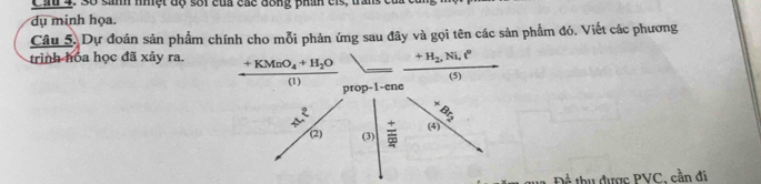 Cầu 4. Số sanh nhệt độ sối của các đông phân cis, trấns của 
dụ minh họa. 
Câu 5. Dự đoán sản phẩm chính cho mỗi phản ứng sau đây và gọi tên các sản phẩm đó. Viết các phương 
trình hóa học đã xảy ra. frac +KMnO_4+H_2O(1) _  frac +H_2,Ni,t°(5)
prop-1-ene
4x^2
8
(4) 
(2) (3) 
thu được PVC, cần đi