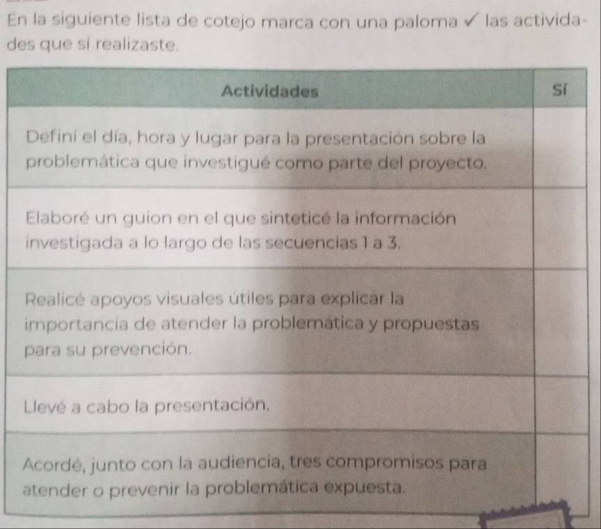 En la siguiente lista de cotejo marca con una paloma √ las activida- 
des que sí realizaste.