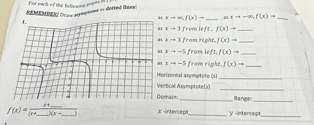 For each of the following graphs or 
REMEMBER! Draw asymptotes as dotted lines! 
as xto ∈fty , f(x)to _as xto -∈fty , f(x)to _ 
s xto 3 from left , f(x)to _ 
s xto 3 from right, f(x)to _ 
s xto -5 from left, f(x)to _ 
s xto -5 fromright, f(x)to _ 
orizontal asymptote (s)_ 
ertical Asymptote(s)_ 
omain: _Range:_
f(x)=frac x+_ (x+_ )(x-_ ) x -intercept_ y -intercept_