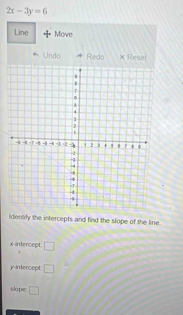 2x-3y=6
Line Move
Undo Redo × Reset
Identify the intercepts and find the slope of the line.
x-intercept: □
y-intercept: □
slope: □