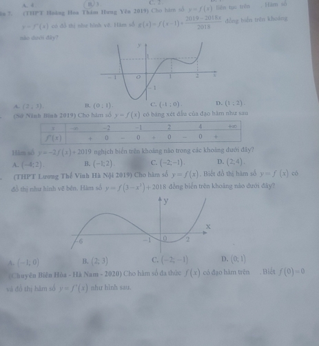 A. 4 B/ 3 C. 2 
ăn 7. (THPT Hoàng Hoa Thâm Hưng Yên 2019) Cho hàm số y=f(x) Tiên tục trên Hàm số
y=f'(x) có đổ thị như hình vê. Hám số g(x)=f(x-1)+ (2019-2018x)/2018  đòng biển trên khuáng
nào dưới đây?
A. (2,3). B. (0;1). C. (-1;0). D. (1;2).
(Sở Ninh Bình 2019) Cho hàm số y=f(x) có bảng xét đầu của đạo hàm như sau
x -∞ -2 -1 2 4 +∞
f''(x) + 0 0 + 0 0 +
Hăm số y=-2f(x)+2019 nghịch biên trên khoảng nào trong các khoảng dưới đây?
A. (-4;2). B. (-1;2). C. (-2;-1). D. (2;4).
(THPT Lương Thế Vinh Hà Nội 2019) Cho hàm số y=f(x). Biết đồ thị hàm số y=f(x) có
đồ thị như hình vẽ bên. Hàm số y=f(3-x^3)+2018 đồng biển trên khoảng nào dưới đây?
A. (-1;0) (2;3) D. (0;1)
(Chuyên Biên Hòa - Hà Nam - 2020) Cho hàm số đa thức f(x) có đạo hàm trên . Biết f(0)=0
và đồ thị hàm số y=f^+(x) như hinh sau.