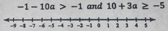 -1-10a>-1 and 10+3a≥ -5