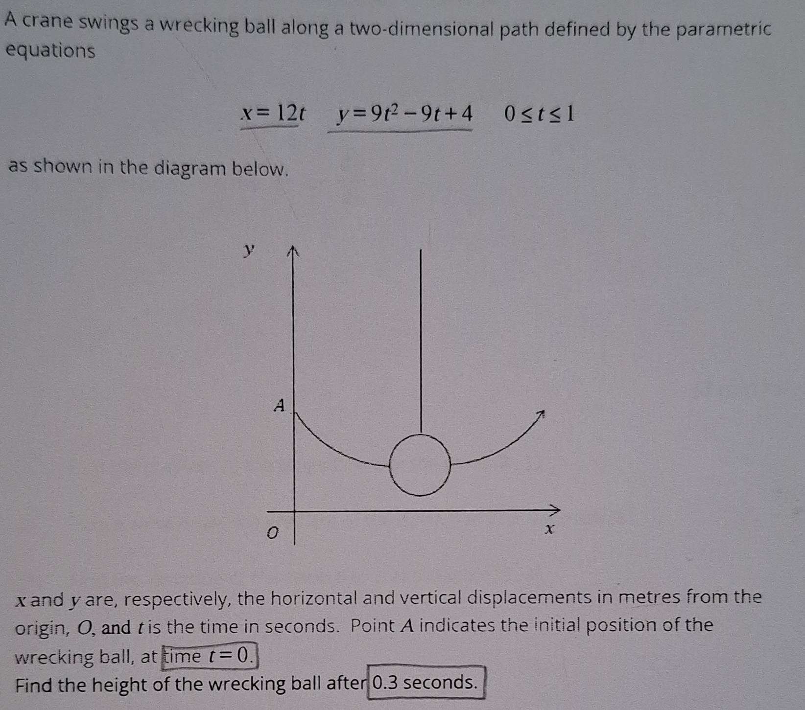 A crane swings a wrecking ball along a two-dimensional path defined by the parametric 
equations
x=12t y=9t^2-9t+4 0≤ t≤ 1
as shown in the diagram below.
x and y are, respectively, the horizontal and vertical displacements in metres from the 
origin, O, and t is the time in seconds. Point A indicates the initial position of the 
wrecking ball, at time t=0. 
Find the height of the wrecking ball after 0.3 seconds.