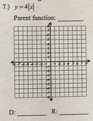 7.) y=4|x|
Parent function:_ 
D:_ 
R:_