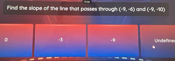 17/20
Find the slope of the line that passes through (-9,-6) and (-9,-10)
0
-9
-3 Undefine