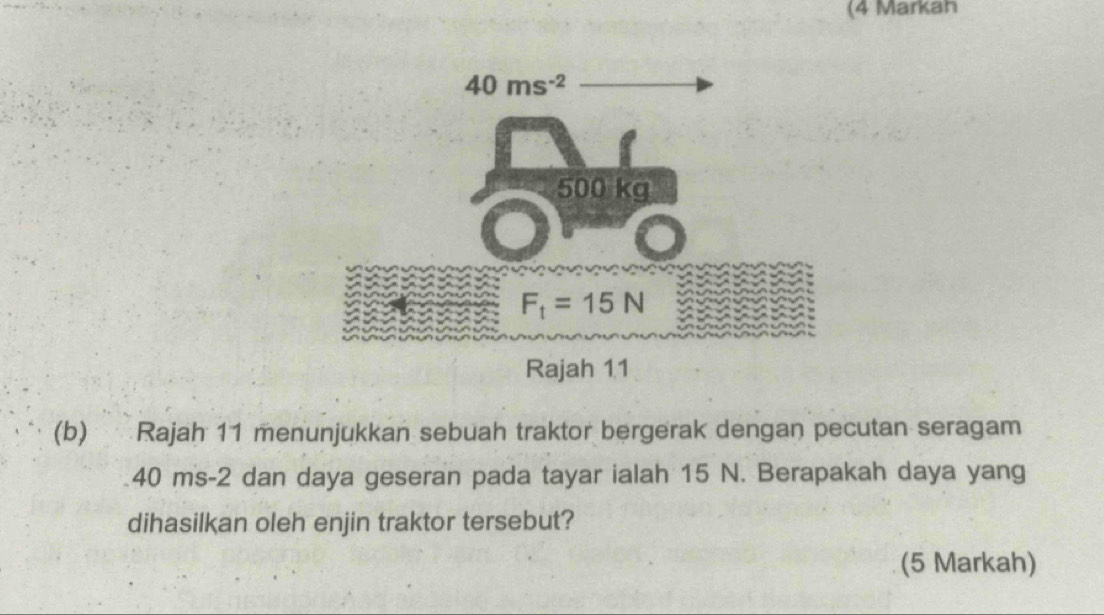 (4 Markah
(b) Rajah 11 menunjukkan sebuah traktor bergerak dengan pecutan seragam
40 ms-2 dan daya geseran pada tayar ialah 15 N. Berapakah daya yang
dihasilkan oleh enjin traktor tersebut?
(5 Markah)