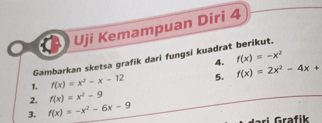 Uji Kemampuan Diri 4 
Gambarkan sketsa grafik dari fungsi kuadrat berikut. 
4. f(x)=-x^2
1. f(x)=x^2-x-12
5. f(x)=2x^2-4x+
2. f(x)=x^2-9
3. f(x)=-x^2-6x-9
ri Grafik