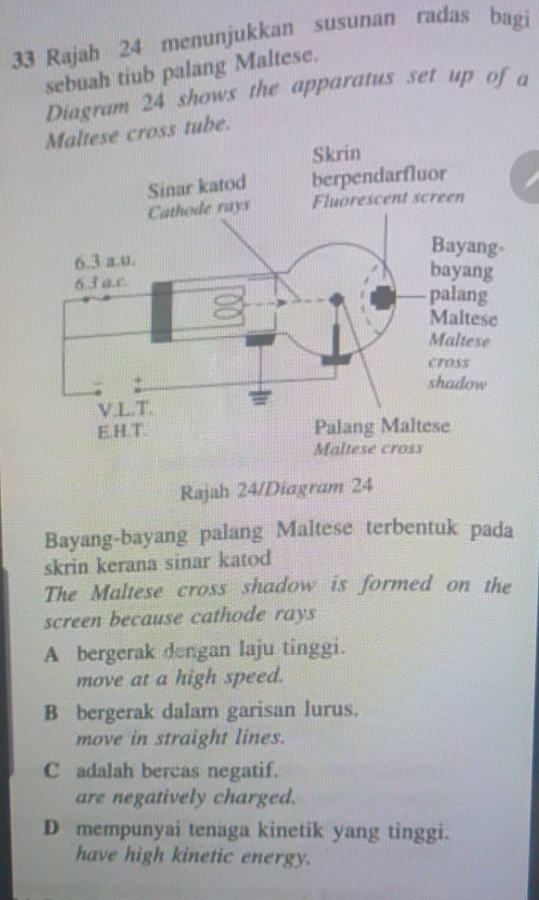 Rajah 24 menunjukkan susunan radas bagi
sebuah tiub palang Maltese.
Diagram 24 shows the apparatus set up of a
cross tube.
Rajah 24/Diagram 24
Bayang-bayang palang Maltese terbentuk pada
skrin kerana sinar katod
The Maltese cross shadow is formed on the
screen because cathode rays
A bergerak dengan laju tinggi.
move at a high speed.
B bergerak dalam garisan lurus.
move in straight lines.
C adalah bercas negatif.
are negatively charged.
D mempunyai tenaga kinetik yang tinggi.
have high kinetic energy.