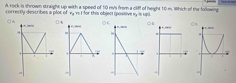 Save Answer
A rock is thrown straight up with a speed of 10 m/s from a cliff of height 10 m. Which of the following
correctly describes a plot of V_x vs t for this object (positive vχ is up).
A
B.
D.
v,(m(m/s)
v_2(m/s v. m/s)
10
10
10
o
o t(s)
1 0
0
1 2
1
1 2
-10 -10 -10