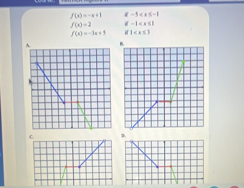 f(x)=-x+1 if -5
f(x)=2
if -1
f(x)=-3x+5 if 1
C. 
D.