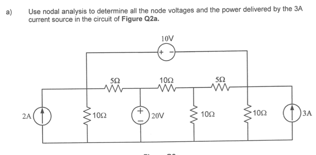 Use nodal analysis to determine all the node voltages and the power delivered by the 3A
current source in the circuit of Figure Q2a.
3A