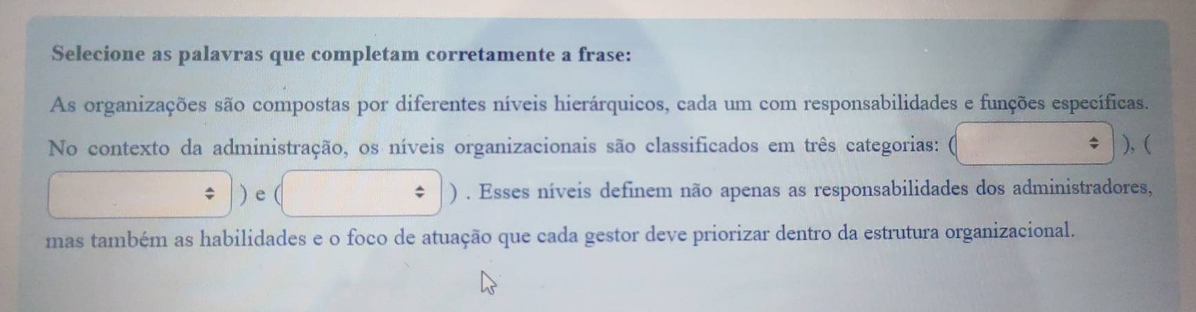 Selecione as palavras que completam corretamente a frase: 
As organizações são compostas por diferentes níveis hierárquicos, cada um com responsabilidades e funções específicas. 
No contexto da administração, os níveis organizacionais são classificados em três categorias: / ), ( 
□ / ) e (□ ) . Esses níveis definem não apenas as responsabilidades dos administradores, 
mas também as habilidades e o foco de atuação que cada gestor deve priorizar dentro da estrutura organizacional.